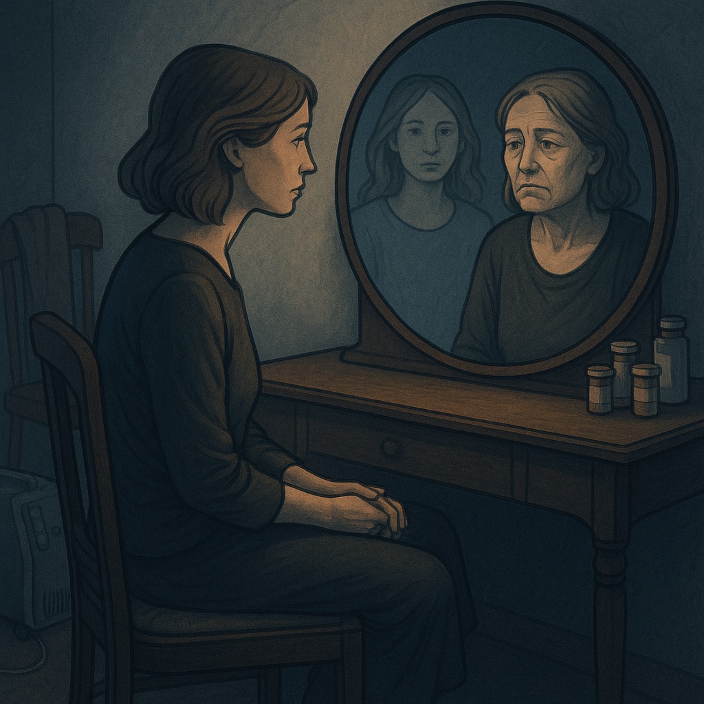 A digital picture of a young woman who is a caretaker of her elderly parents, and as she looks in the mirror, she sees how much she’s aged, but also her inner child that was left behind and abandoned