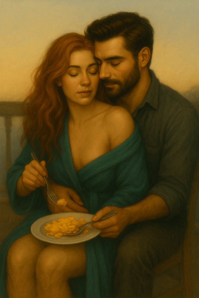 An intimate painting of a woman and her man on a lovely morning, snuggled up together and eating a plate of eggs
