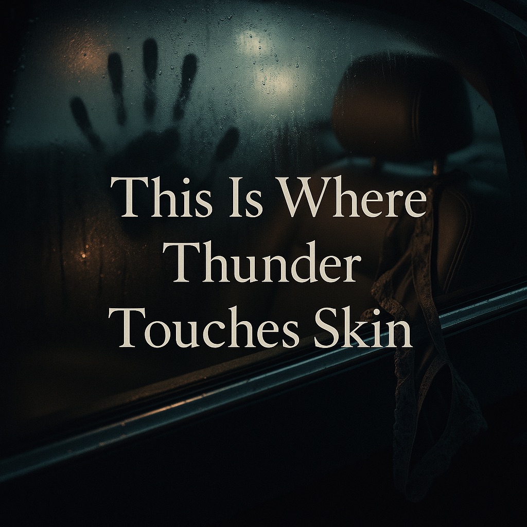 A sensual digital painting of a handprint on a fog window of a car in the backseat. The text reads this is where thunder touches skin.