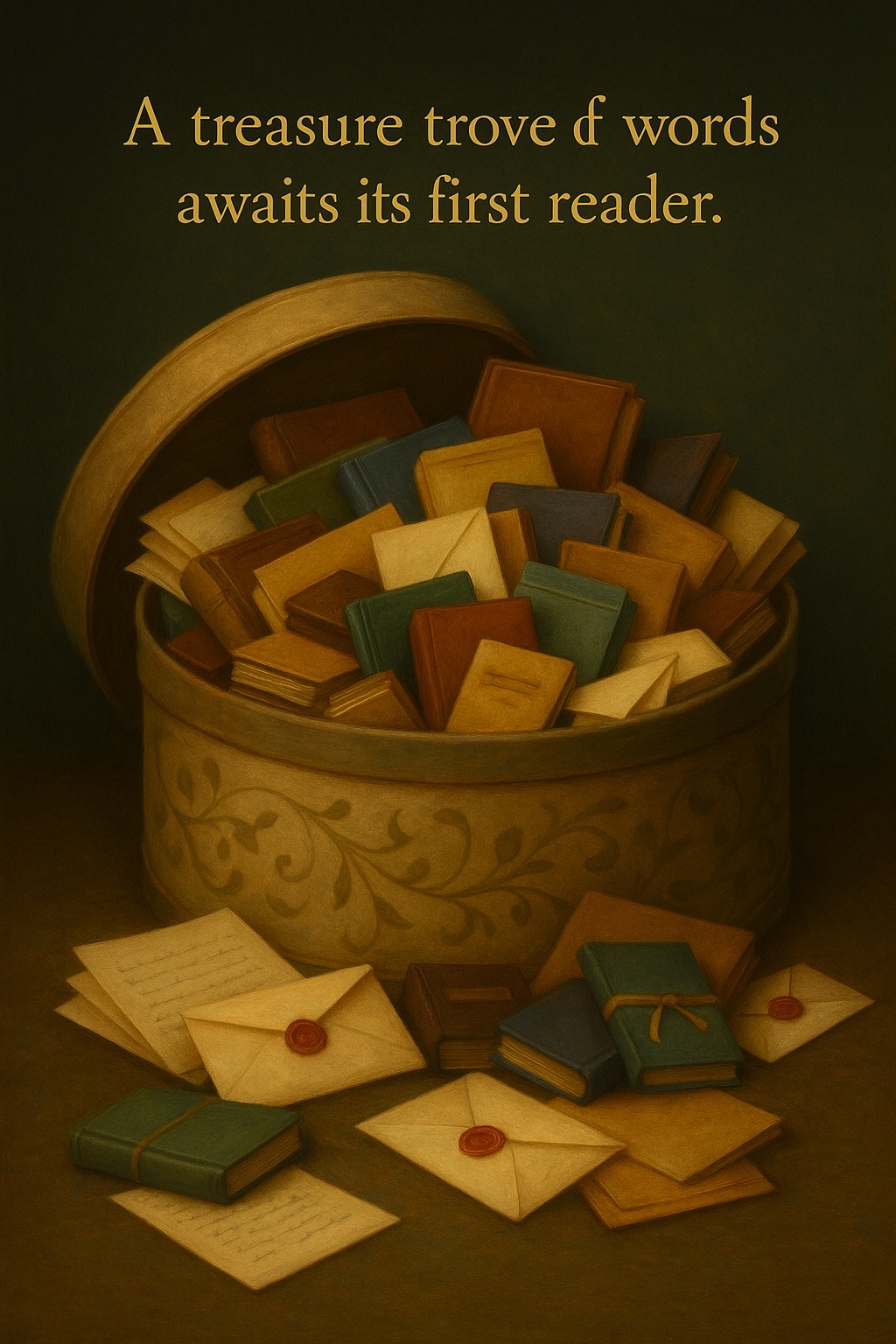 A antique hat box filled to the brim of old letters, notebooks, and pieces of paper with writing on them. The text says a treasure toe of words awaits its first reader.