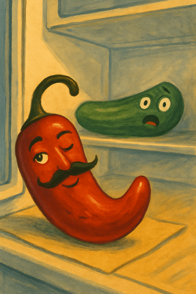 An open fridge door showcasing, a red, jalapeño winking, and a cucumber in the back of the fridge with a look of shock on his face