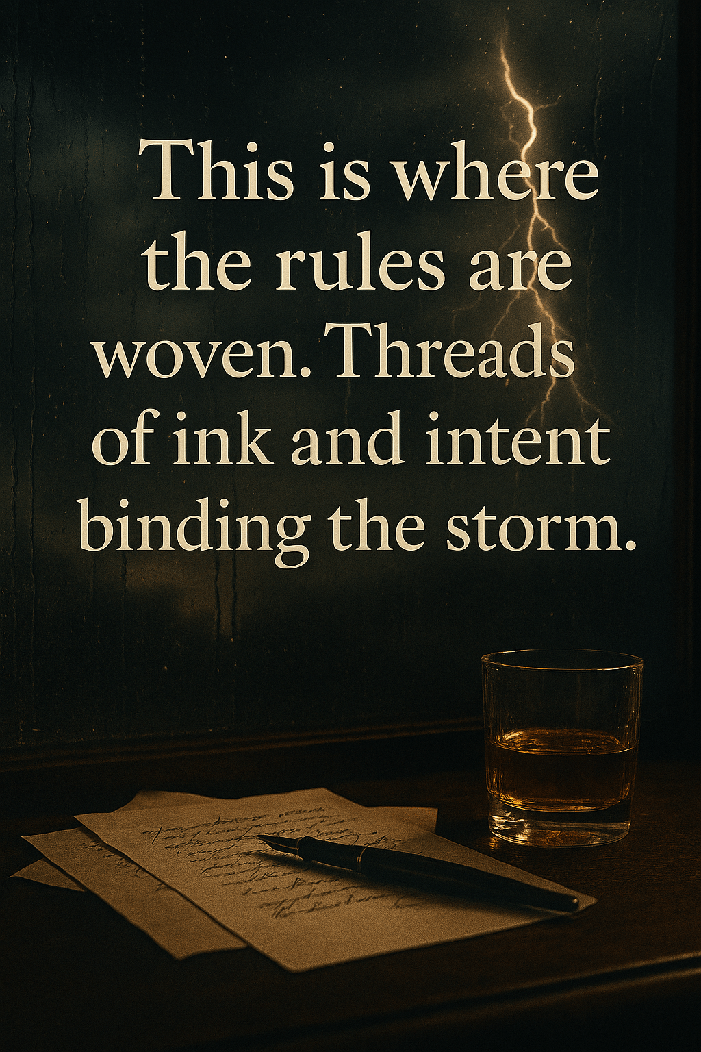 A digital painting of handwritten pages next to a glass of whiskey with a storm brewing outside the window. The text reads this is where the rules are woven. Threads of ink and intent binding the storm.