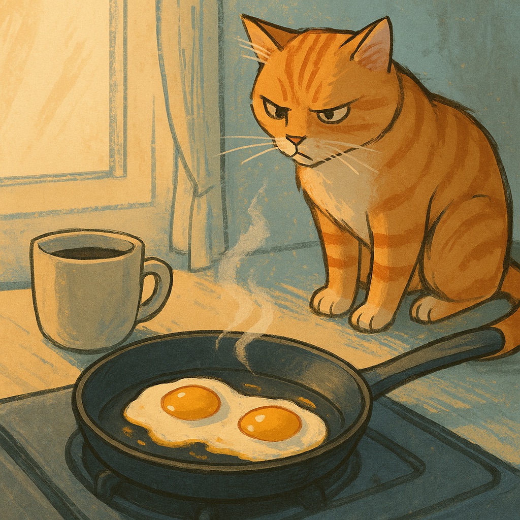 A digital painting of a very judgmental, orange tabby cat, who is not impressed with the fried eggs being cooked on the stove.