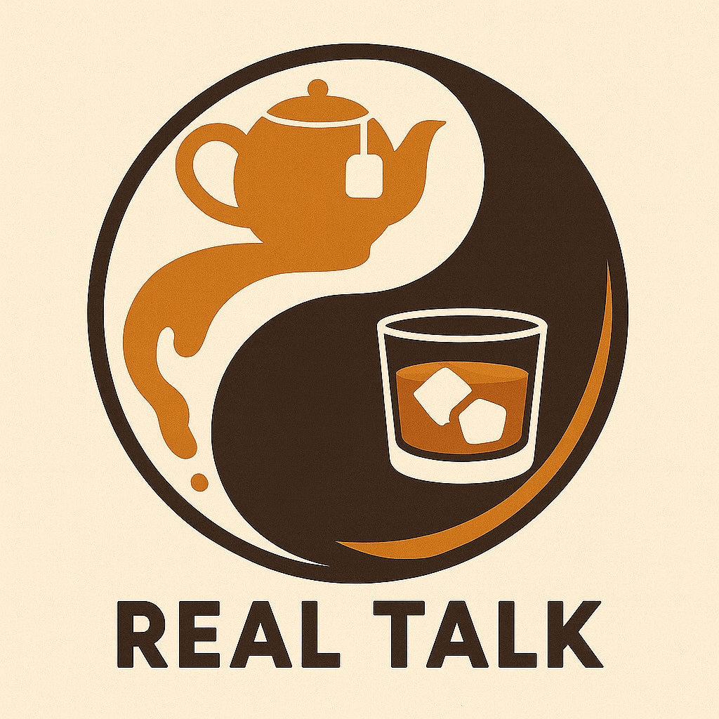 A digital logo with the words, real talk below, a yin yang symbol which has been modified with a teapot and a whiskey glass.