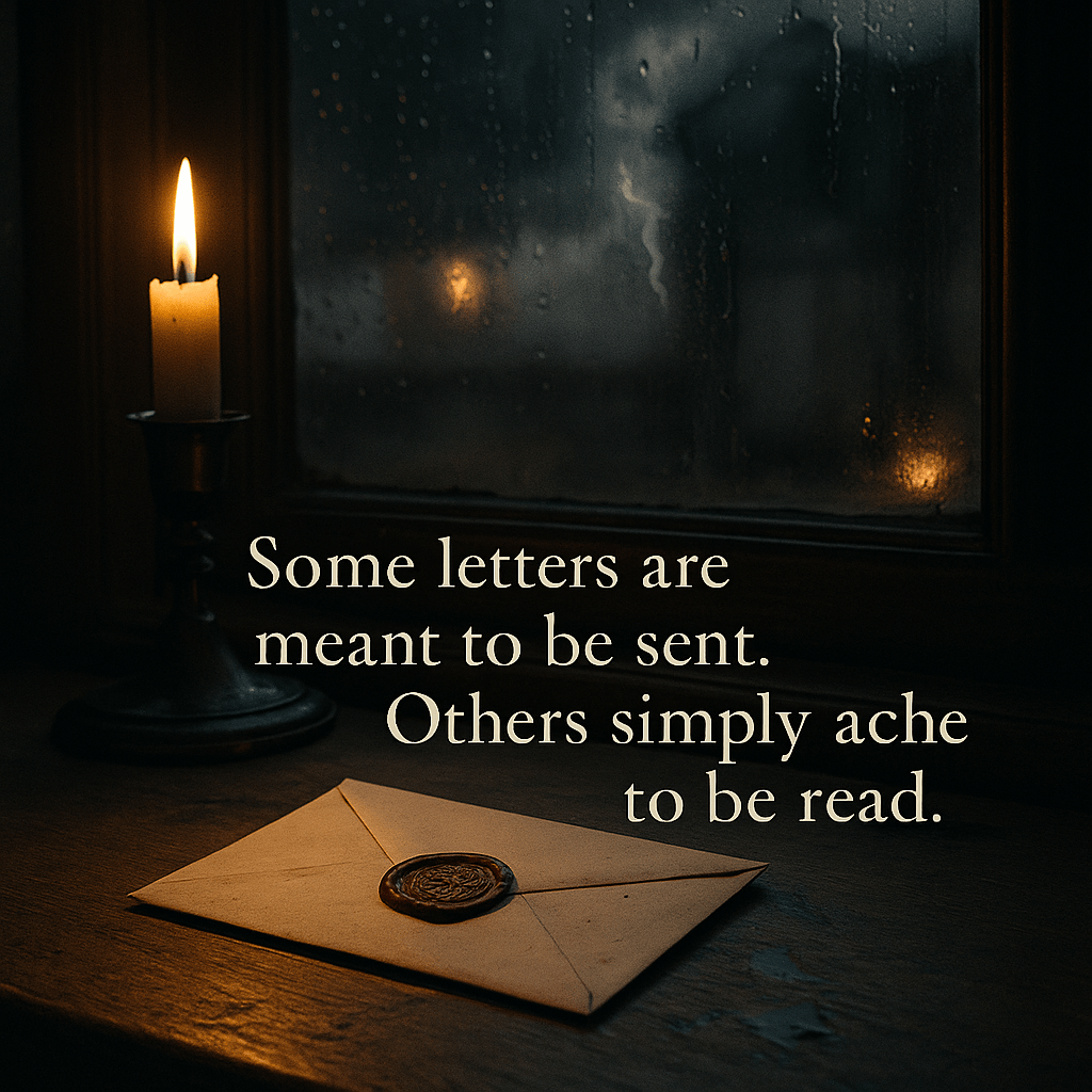a waxed sealed letter on a table next to a lit candle. The text reads some letters are meant to be sent. Others simply ache to be read.