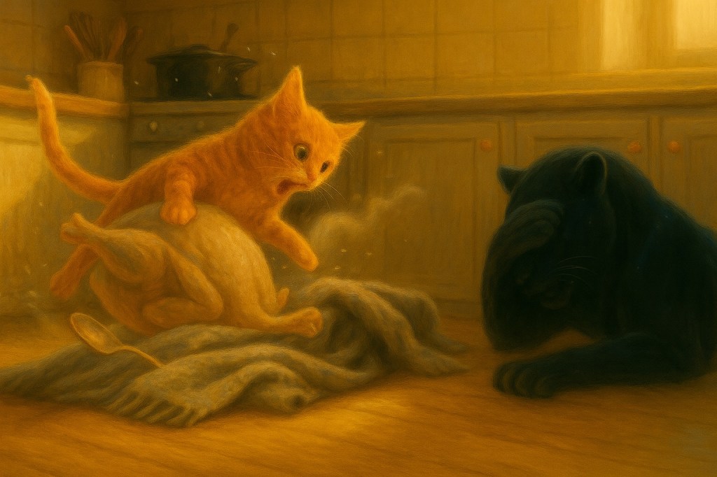 An orange kitten tumbles off a kitchen counter with a turkey while a star-flecked jaguar watches in disbelief; golden afternoon light and flying feathers.