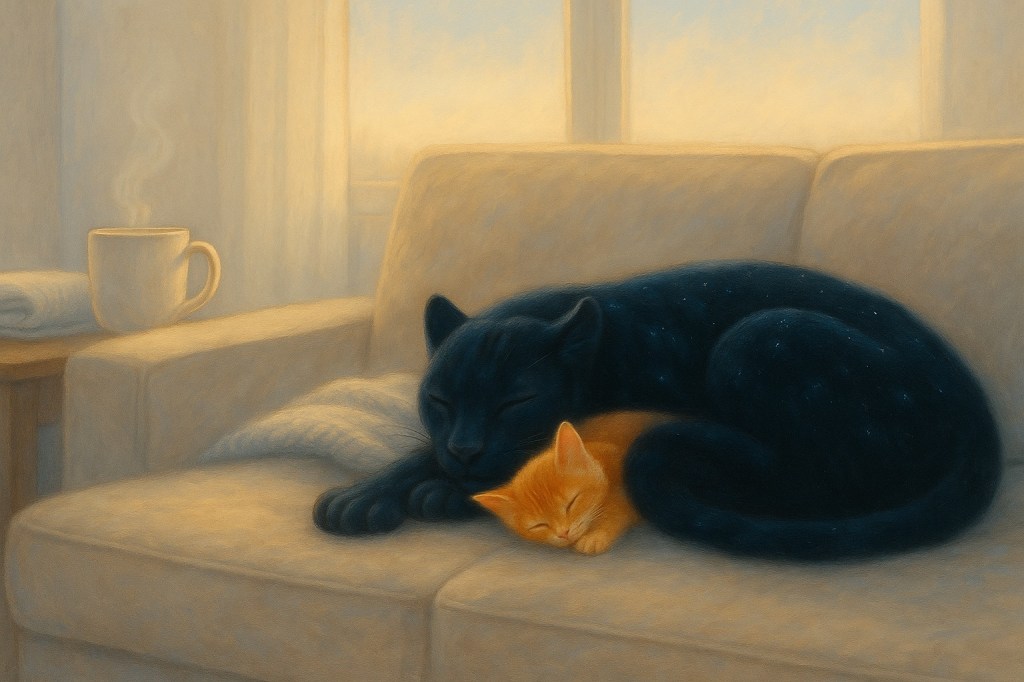 On the couch, a galaxy-furred jaguar sleeps peacefully while an orange kitten naps curled into him after a long night; warm dawn fills the room