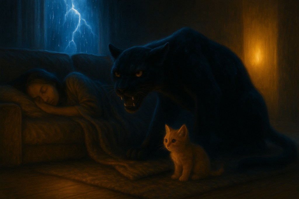 Lightning flashes behind curtains as a woman sleeps on a couch, guarded by an orange kitten and a star-flecked jaguar forming a protective arc