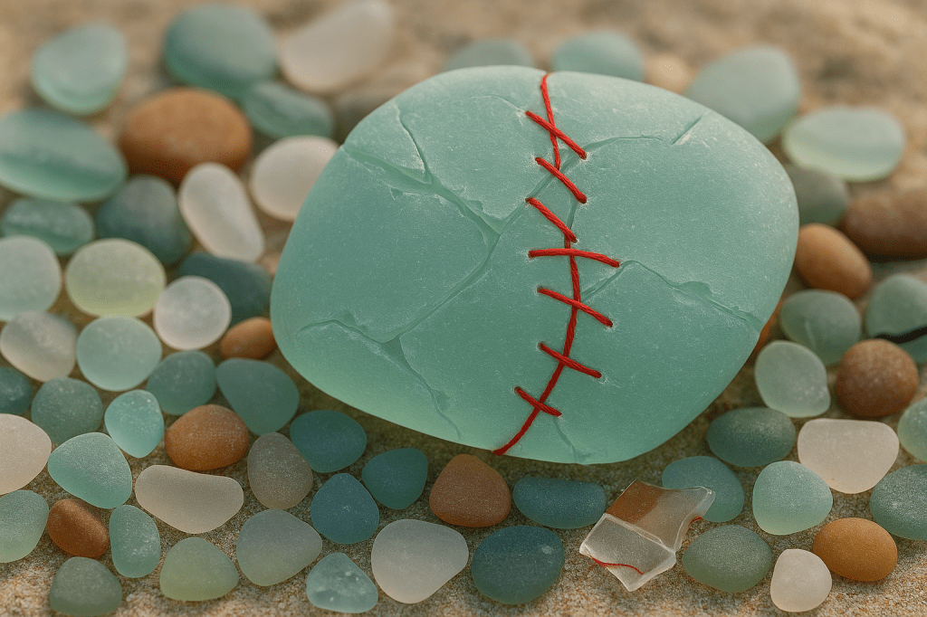 A large piece of frosted sea glass rests on a sunlit surface, its cracks delicately sewn together with vivid red thread. The light glows softly through the translucent blue-green glass, symbolizing healing, resilience, and beauty shaped by time.