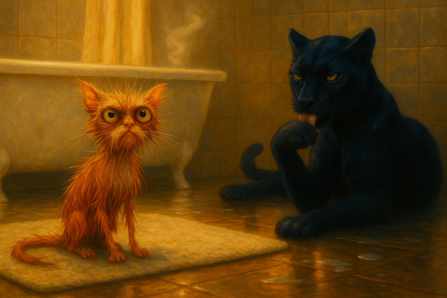 A soaked orange kitten stands puffed and glaring on a bathmat while a sleek blue-black jaguar with galaxies in his fur lounges nearby, unimpressed, against golden bathroom light and puddled floor reflections.