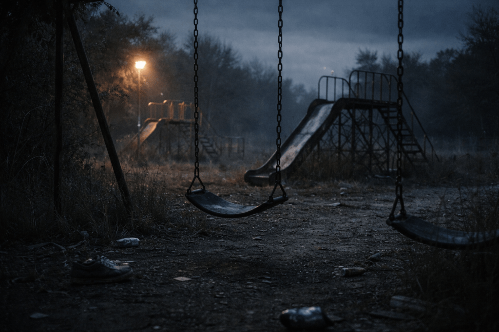 An abandoned playground at dusk with empty swings and rusted play structures surrounded by overgrown grass under a dim streetlamp.