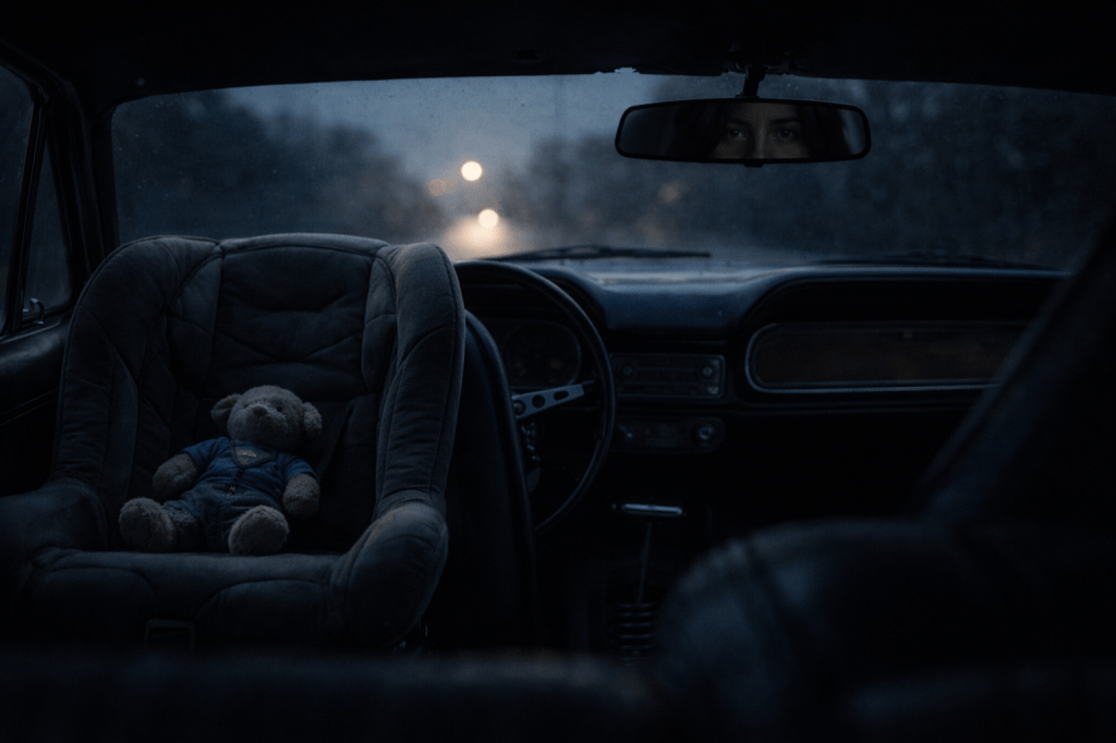 View from the back seat of an older car showing an empty child’s car seat with a stuffed toy, while a woman’s eyes are reflected in the rearview mirror during early dawn light.