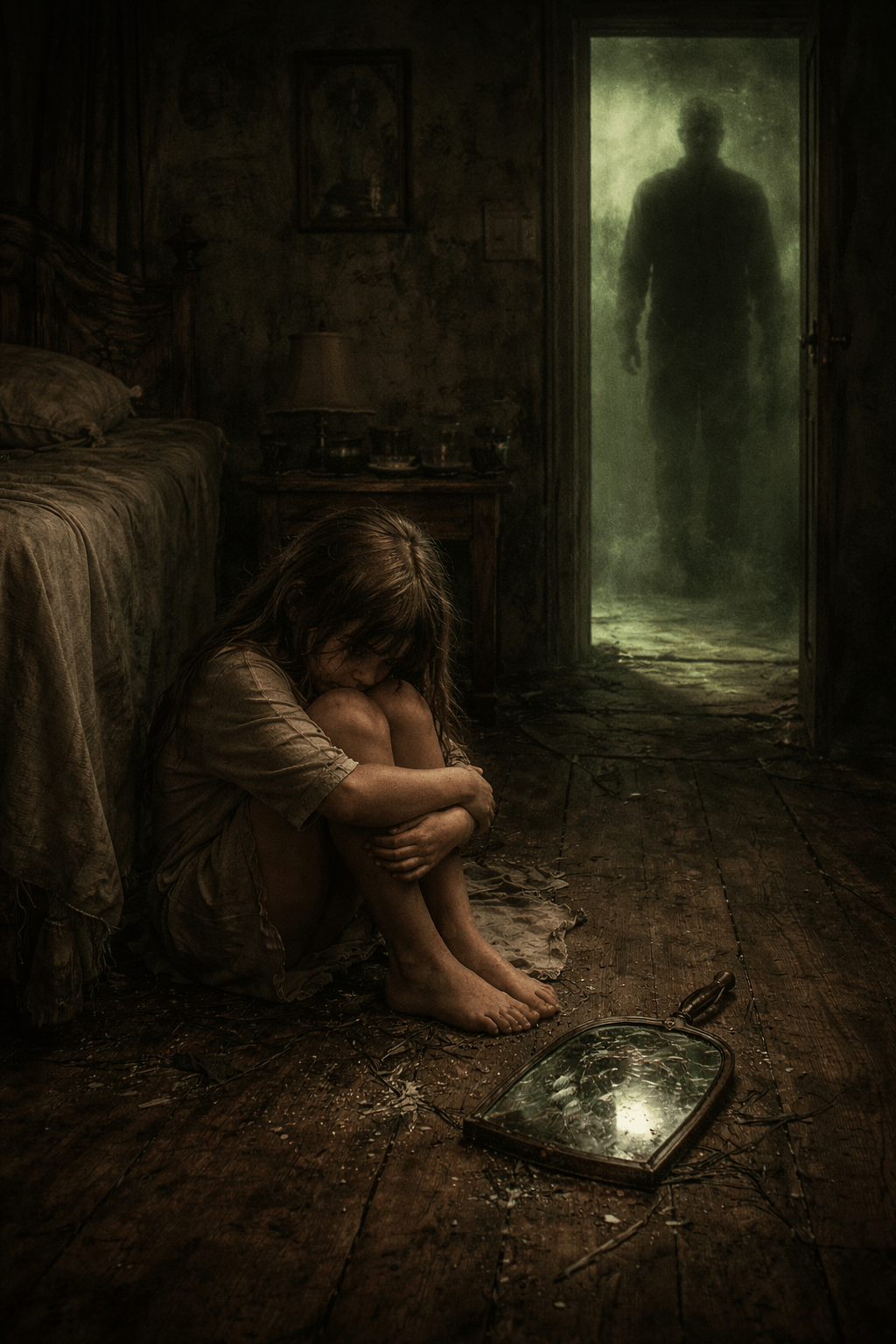 A shadowed room with green-hued walls and a fractured mirror, suggesting memory, unease, and emotional confinement.