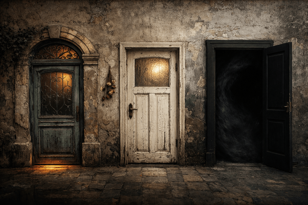 A textured wall with three distinct doors set side by side, each different in color and style, suggesting separate paths or choices. Soft, moody lighting emphasizes contrast and depth.