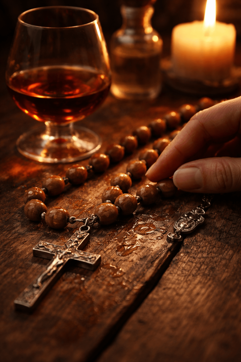 Olive wood rosary beads being gently anointed with amber brandy beside a candlelit glass, symbolizing Lenten reflection and Mary Magdalene’s spikenard devotion.