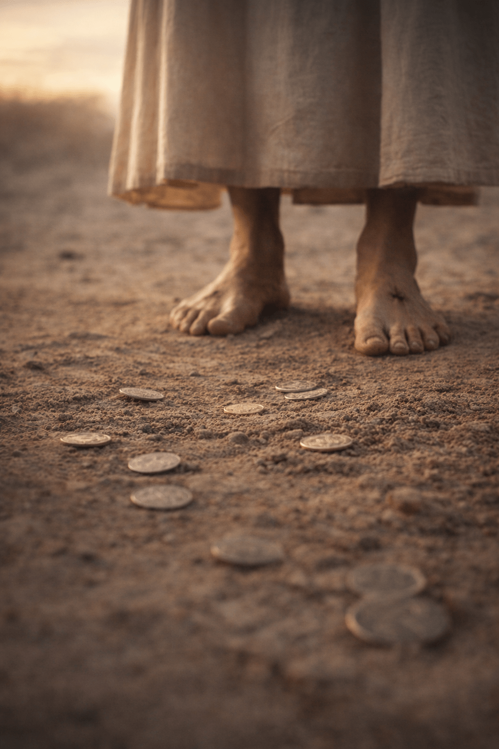 Ground-level view of two scarred but healed feet standing in desert dust at dawn, with scattered silver coins in the foreground, symbolizing Judas’ encounter with the risen Christ in a contemplative Lenten reflection.