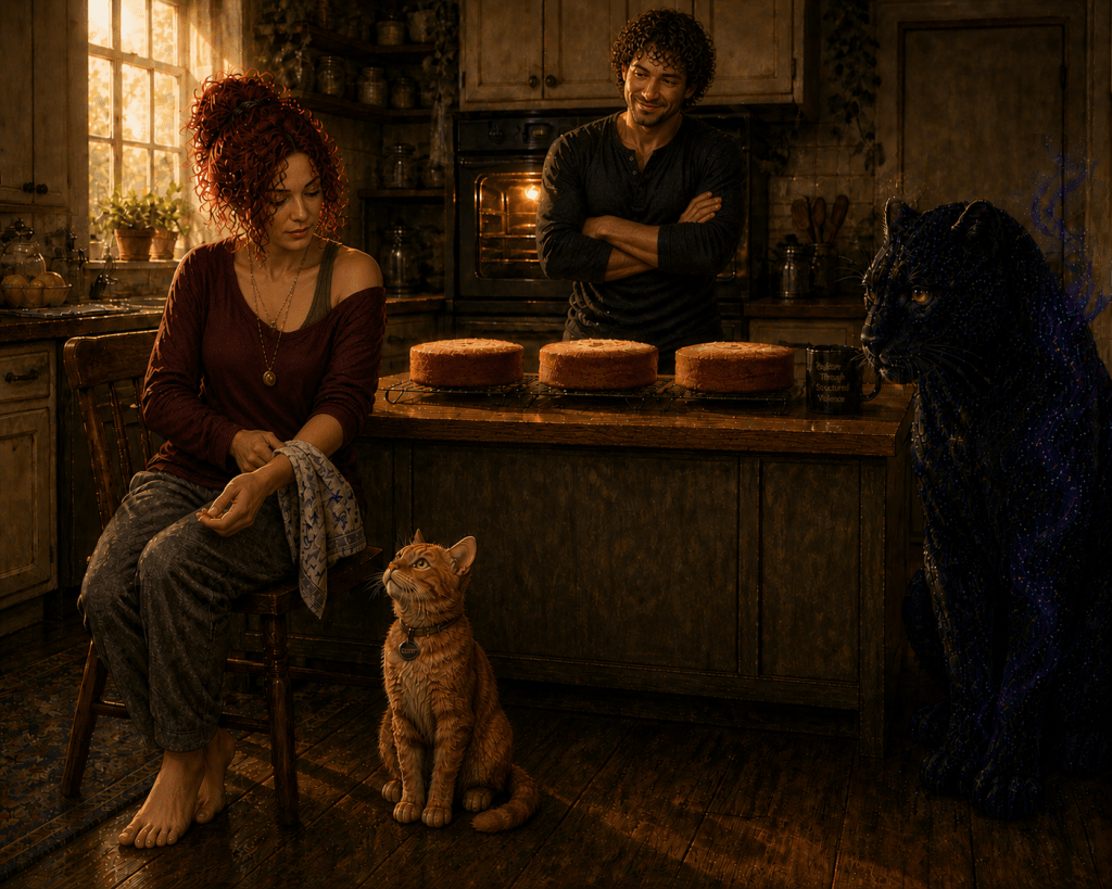 In a warmly lit kitchen, a dark-haired man with curly hair and a beard holds a small orange kitten firmly by the scruff, keeping it still. A red-haired woman stands nearby with a faint scratch on her wrist, her expression calm but resolute. Behind them, an oven glows with three cake layers rising evenly inside. A black panther with subtle cosmic markings watches quietly from the side. The scene captures a moment of discipline, control, and consequence in a quiet domestic setting.