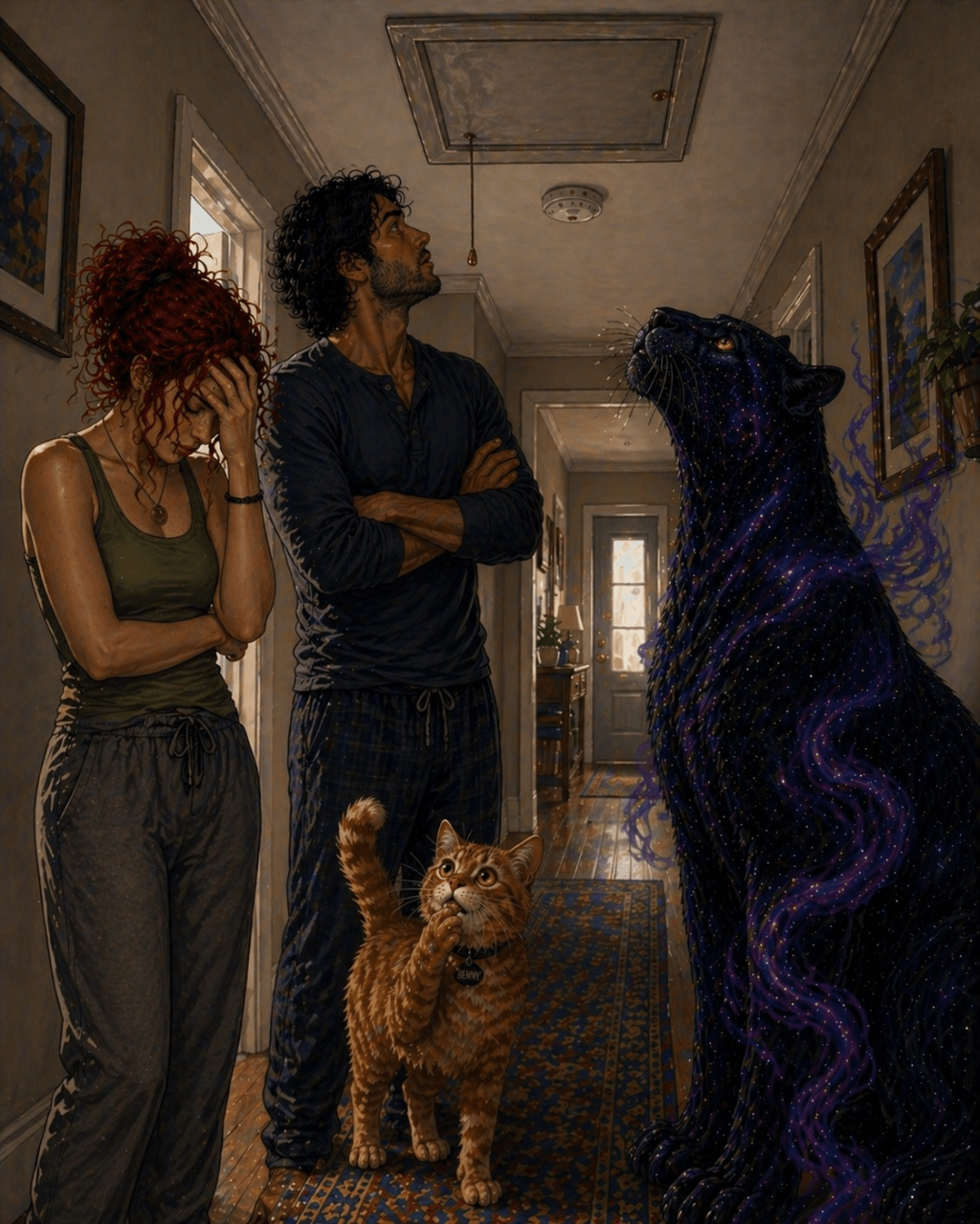 A red-haired woman and a dark-haired man stand in a narrow hallway, both looking up at an open attic hatch in the ceiling. The woman covers part of her face in exasperation while the man watches with arms crossed. A small orange kitten stands between them, also staring upward with wide, curious eyes. Beside them, a large black panther with a subtle cosmic, star-filled pattern in its fur looks up calmly, adding a mystical presence to the tense but slightly humorous moment.