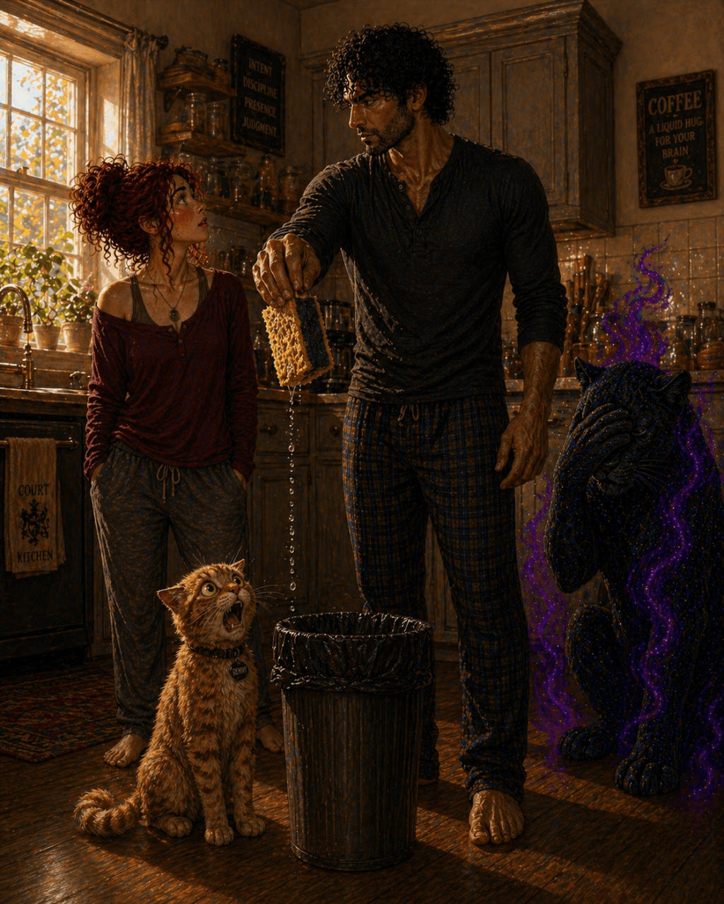 A man stands in a warm, sunlit kitchen holding a dripping sponge over a trash can as water falls into it. A red-haired woman watches him with a surprised expression, while a small orange kitten looks up with wide, distressed eyes and an open mouth. To the side, a large black panther with subtle cosmic markings covers its face in apparent disbelief. The scene blends humor and consequence in a domestic setting.