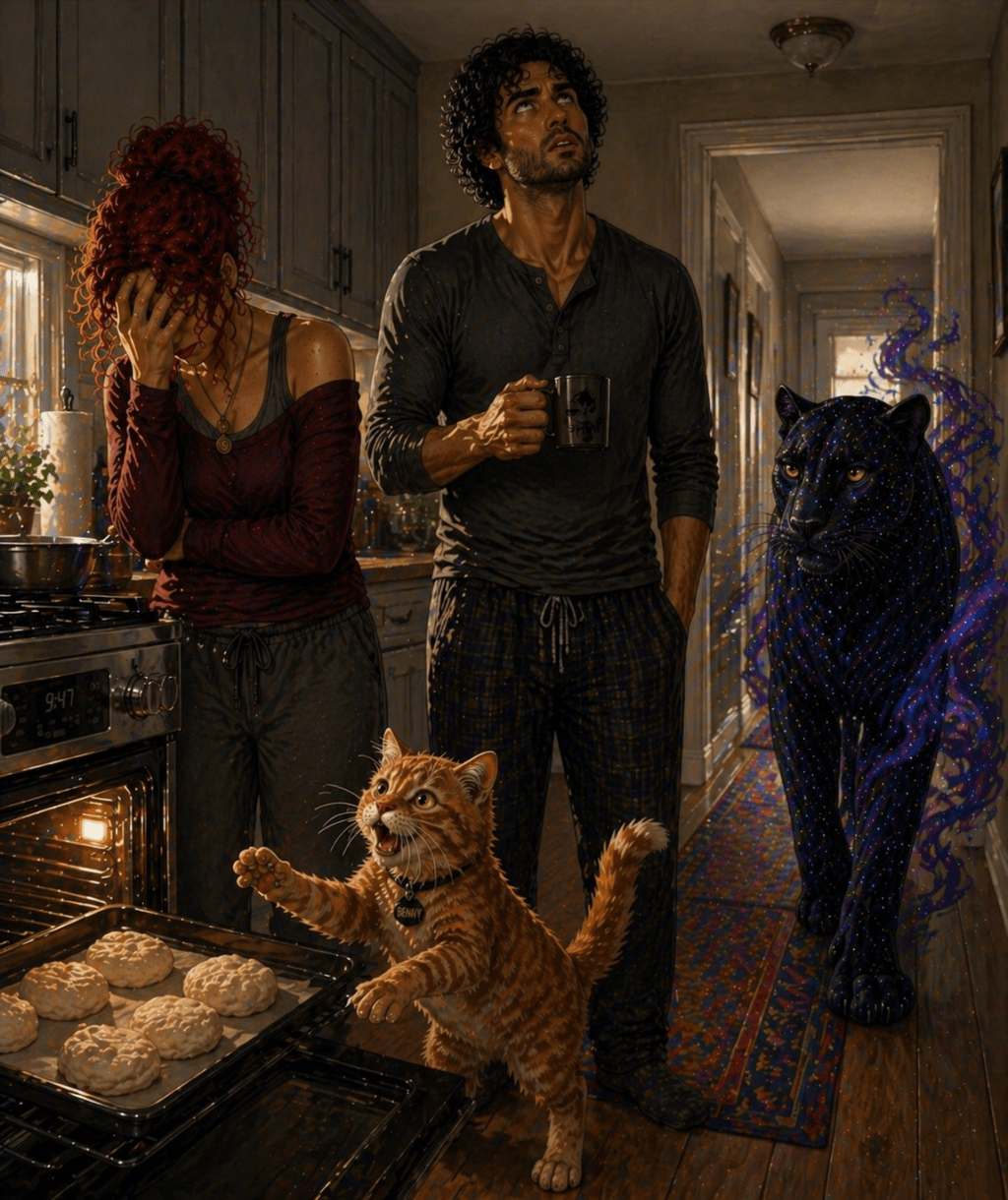 A warm but chaotic kitchen moment showing biscuit dough in an open oven as a small orange kitten stands on its hind legs reaching toward the tray in distress. A red-haired woman stands nearby with her face in her hand in frustration, while a man holding a coffee mug looks upward in exasperation. In the background, a large black jaguar with faint cosmic patterns and smoky tendrils walks through the hallway, observing the scene.