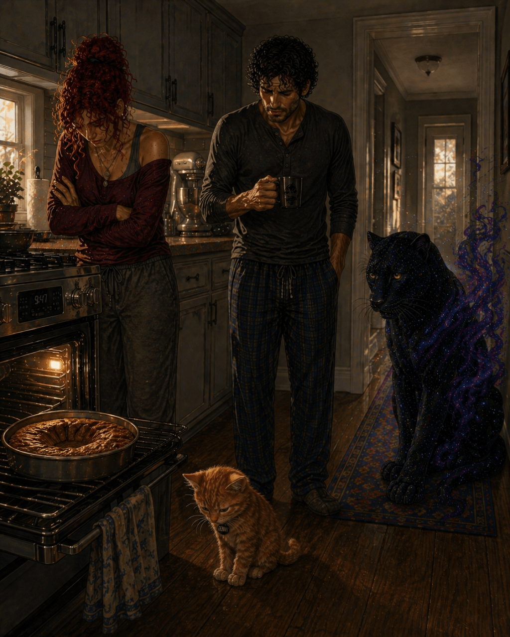 A red-haired woman and a dark-haired man stand in a softly lit kitchen, both looking down at a cake in the oven that appears overbaked or collapsed. The woman stands with arms crossed, head lowered in frustration, while the man holds a mug and studies the result with concern. In front of them, a small orange kitten sits with a subdued posture, also facing the oven. Nearby, a large black panther with subtle cosmic, star-like patterns in its fur sits quietly, observing the scene with a calm, serious presence.