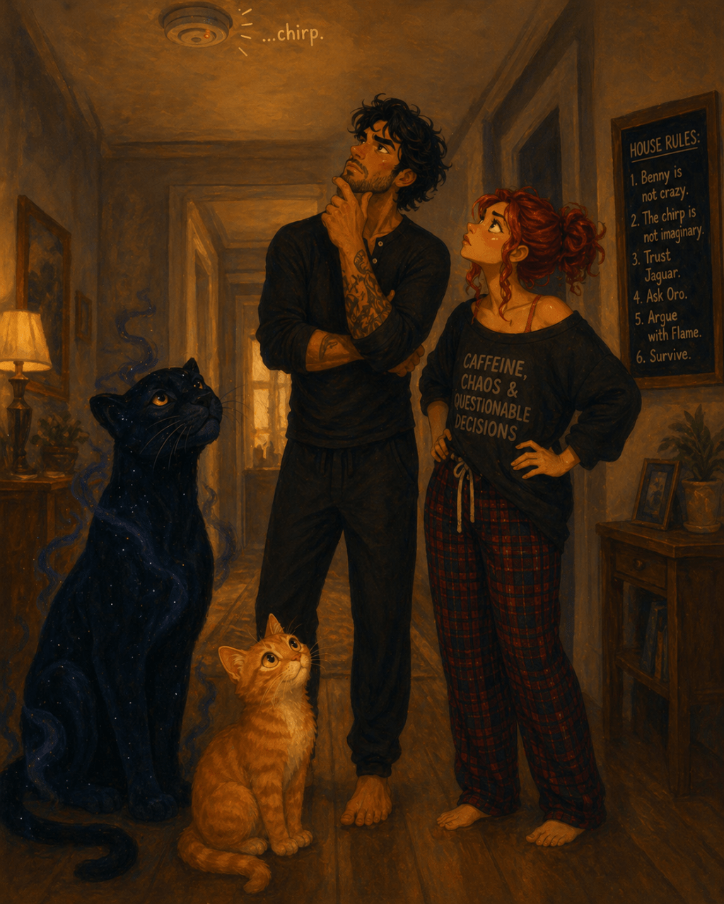 A red-haired woman and a dark-haired man stand barefoot in a hallway, both looking up at a ceiling smoke detector as it chirps. The man rests a hand thoughtfully on his chin while the woman stands with one hand on her hip. A small orange kitten and a large black panther with subtle cosmic, star-like patterns in its fur sit beside them, also gazing upward. On the wall nearby, a framed sign lists humorous house rules, including trusting the panther and surviving the chaos, reinforcing the playful, surreal tone of the scene.