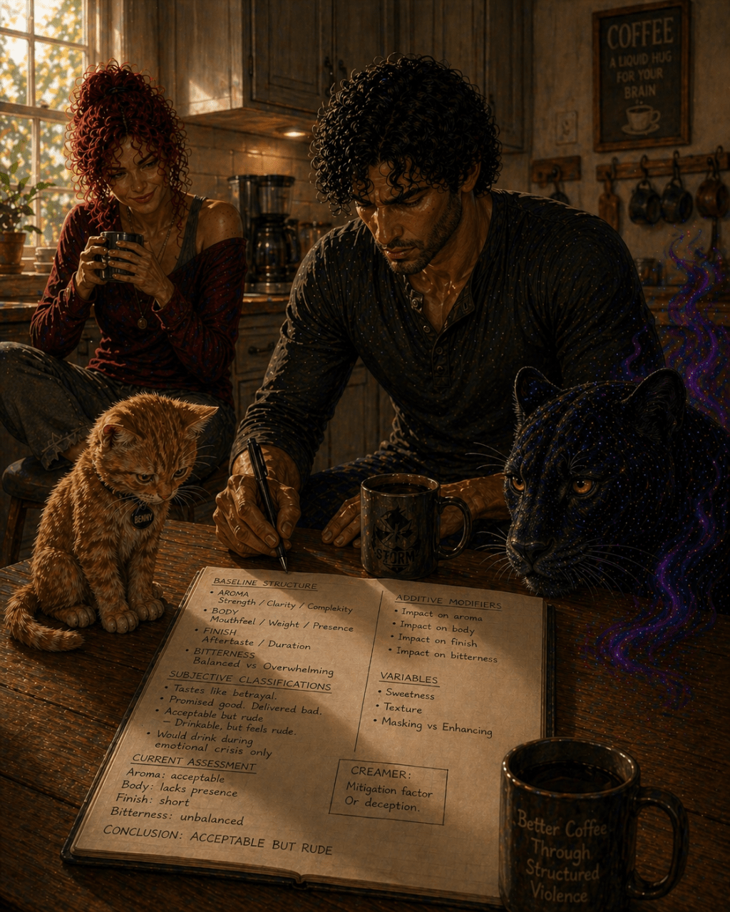 In a warmly lit kitchen, a dark-haired man sits at a wooden table writing notes in an open journal filled with structured categories like aroma, body, and bitterness. A red-haired woman sits nearby holding a mug, watching with a soft, amused expression. An orange kitten sits on the table, looking down at the pages, while a large black panther with subtle galaxy-like markings observes from the side. Coffee mugs and kitchen details surround them, emphasizing a calm but analytical atmosphere.