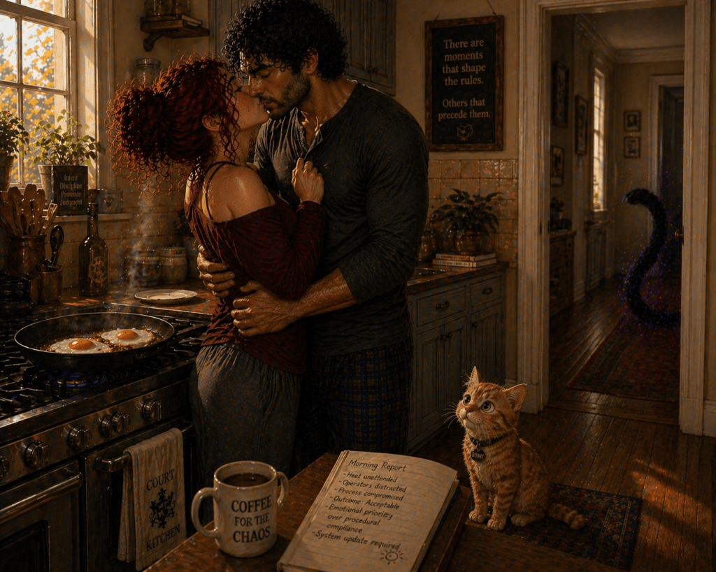A warm kitchen scene showing a couple embracing and kissing beside a stove with eggs cooking in a pan, while a small orange kitten watches with wide eyes near a notebook labeled “Morning Report,” and a shadowy black jaguar tail with subtle cosmic patterns is visible in the hallway.