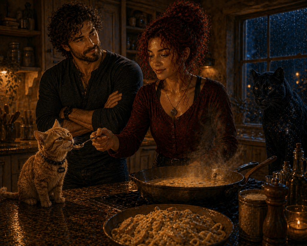 A woman with curly red hair gently feeds a small orange kitten a spoonful of creamy pasta sauce in a warmly lit kitchen. A dark-haired man stands close beside her, watching with a soft, affectionate expression. Steam rises from a pan of sauce on the stove, while a plate of pasta sits in the foreground. In the background, a large black panther with subtle cosmic, star-like patterns in its fur observes quietly near a rain-speckled window, adding a mystical presence to the intimate domestic scene.