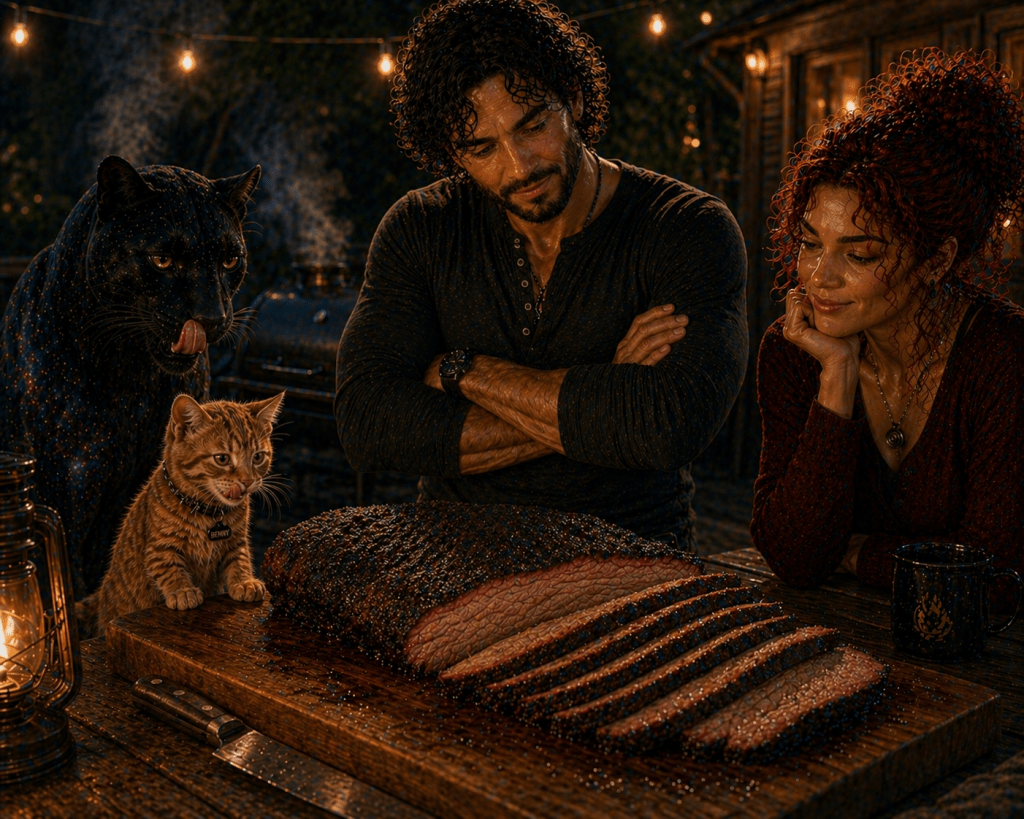 A cinematic backyard barbecue scene at night featuring a perfectly smoked brisket sliced on a wooden board, its bark dark and textured with visible smoke ring. A bearded man stands with arms crossed in quiet pride while a red-haired woman leans beside him smiling. A small orange kitten and a large black jaguar with subtle cosmic patterns in its fur both lick their lips as they stare at the brisket, illuminated by warm string lights and soft ambient glow.