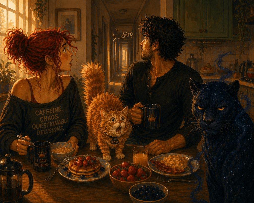 A red-haired woman, a dark-haired man, and a small orange kitten sit at a breakfast table with pancakes, fruit, and eggs, all suddenly reacting to a distant chirping smoke detector down the hallway. The kitten stands with puffed fur and a startled expression, while the adults look toward the sound mid-meal. A large black panther with subtle cosmic, star-like patterns in its fur sits beside them with a stern, unimpressed gaze, adding a surreal and humorous contrast to the domestic scene.