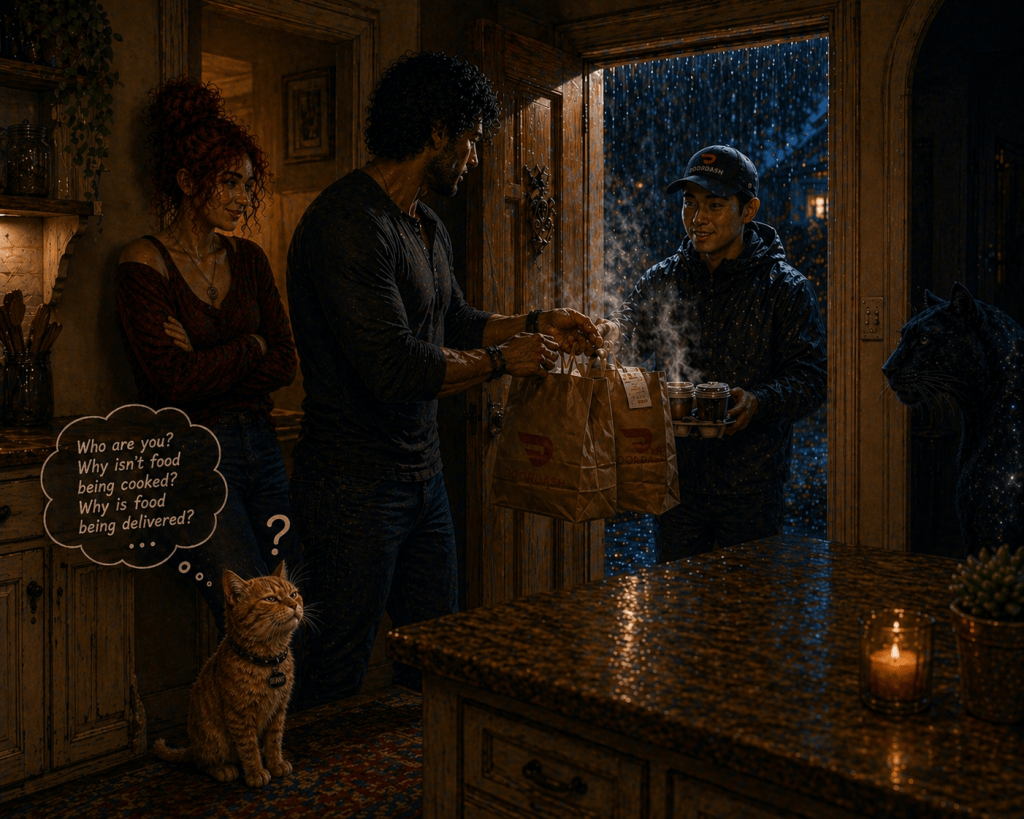 A cozy, warmly lit kitchen scene where a man stands at an open front door accepting takeout bags from a delivery driver in the rain. A woman stands nearby smiling, while a small orange kitten sits on the floor looking up with a confused and judgmental expression, accompanied by a thought bubble questioning why food is being delivered instead of cooked. In the background, a large black jaguar with subtle cosmic patterns observes the interaction quietly.