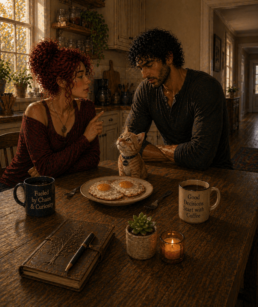 A red-haired woman and a dark-haired man sit at a wooden kitchen table with a small orange kitten between them. A plate with two fried eggs sits in front of the kitten as the woman gestures with one finger, appearing to explain something, while the man leans in, listening thoughtfully. Warm morning light filters through a nearby window, illuminating coffee mugs, a small candle, a plant, and a leather-bound journal on the table, creating a calm and intimate domestic scene.