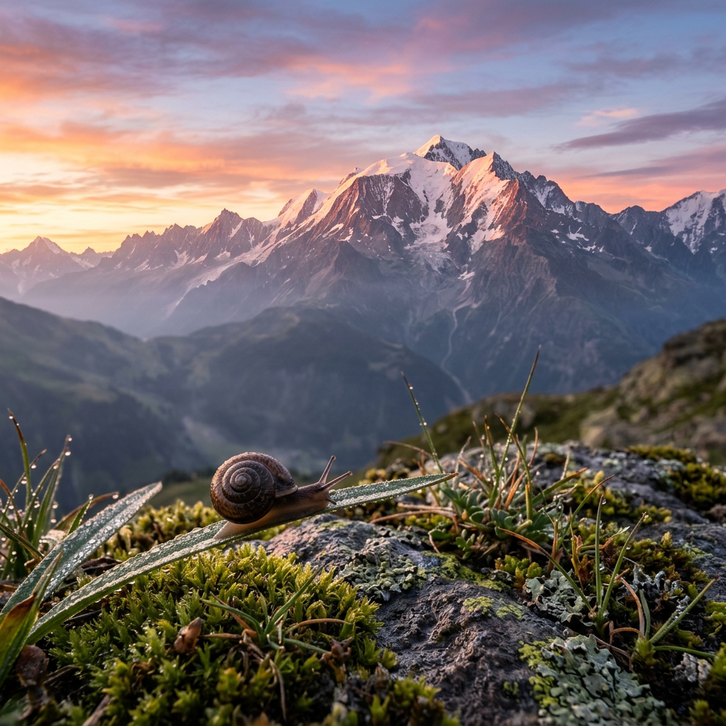 Snail on leaf with dew in alpine moss, snowy mountain background
